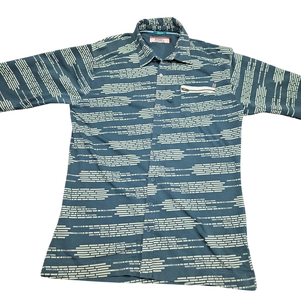 4 Funky Flavours Button Shirt L Teal Abstract Print Stretch Retro Pattern Artsy